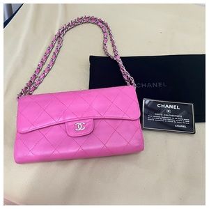 Authentic Chanel Pink Leather Women Wallet On Chain